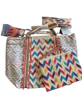NWT! America & Beyond Beaded Fabric Tote Bag with Clutch in Chic Chevron